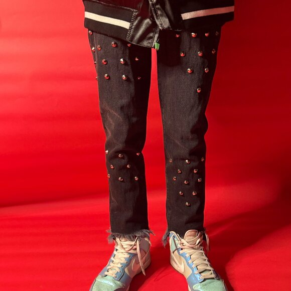 Unique Studded Rebel Jeans – Carmar Black Punk Denim (Size 25) - Picture 1 of 11